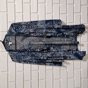 dressbarn Blue Animal Print Ruffle Open Front Cardigan. Size 22/24